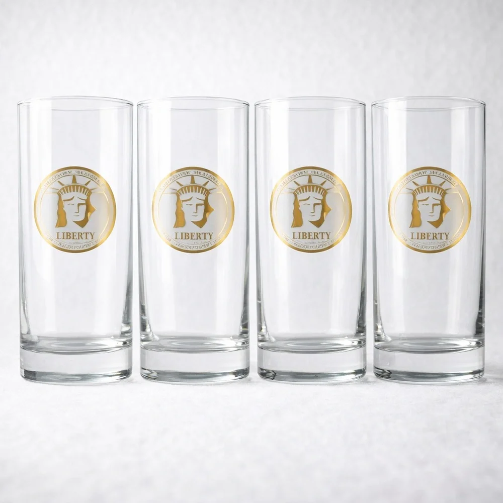 Statue Of Liberty Centennial Highball Glasses 22K Gold Medallion Vtg 1986 4 Pcs